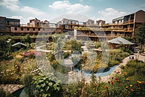 ecoworld of eco-friendly accommodations, with vegetable and flower gardens, surrounding the buildings