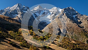 Ecrins National Park with Glacier du Lautaret and Gaspard Peak in autumn. Col du Lautaret, Hautes-Alpes, Alps, France