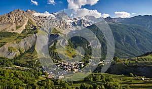 Ecrins National Park - The village of La Grave with La Meije mountain peak in Summer. Alps, France