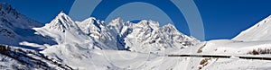 Ecrins National Park - Winter panoramic view of Col du Lautaret with La Meije and Gaspard peaks. Hautes Alpes, France