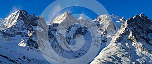 Ecrins National Park in winter. Pic Gaspard, Pic Oriental, La Meije and Bec de l`Homme with Glacier du Lautaret. Hautes-Alpes