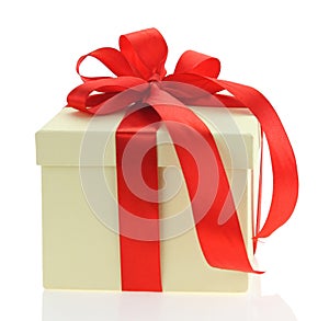 Ecru gift box with red ribbon