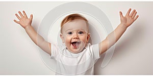 Ecstatic Baby Toddler Throwing Arms Up In Celebration Against White Backdrop