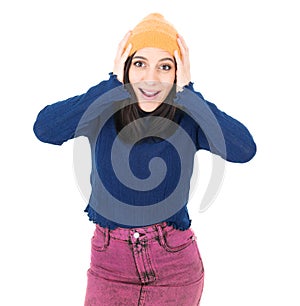 Ecstatic beautiful young woman, isolated on white background. Portrait of happy pretty girl while looking at camera. Smiling