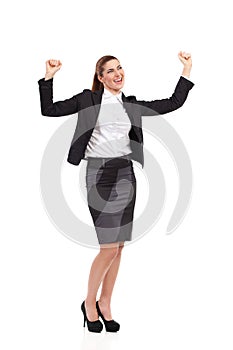 Ecstatic businesswoman in suit.