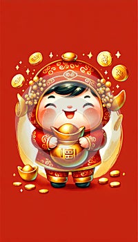 An ecstatic child, clad in a festive red Chinese costume, holds a golden ingot with a cascade of gold coins around, embodying the