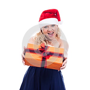 Ecstatic Christmas woman giving present