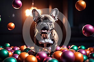 Ecstatic Frenchie delighting in play with colorful balls photo