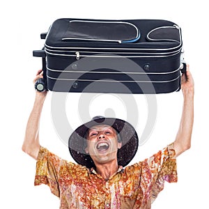 Ecstatic happy traveller with luggage