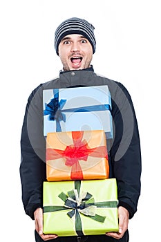 Ecstatic man with presents