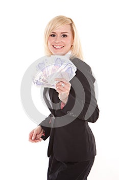 Ecstatic woman with a fistful of money