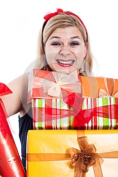 Ecstatic woman with many presents