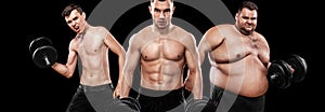 Ectomorph, mesomorph and endomorph . Before and after result. Sport concept. Group of three young sports men - fitness models hold photo