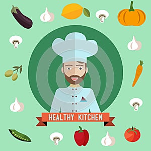 Ector illustration of chef, healthy food