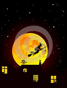 Ector illustration: Fairy tale Halloween landscape with realistic full yellow orange moon, village landscape silhouettes with ca