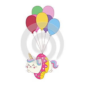 ector illustration of a little cute white cat unicorn or caticorn flying colourful balloons.