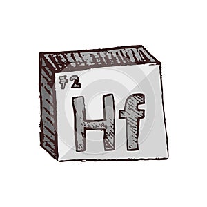 Ector three-dimensional hand drawn chemical silvery gray symbol of metal hafnium with an abbreviation Hf from the periodic table