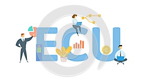 ECU, European Currency Unit. Concept with keyword, people and icons. Flat vector illustration. Isolated on white. photo