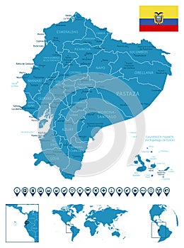 Ecuador - detailed blue country map with cities, regions, location on world map and globe. Infographic icons