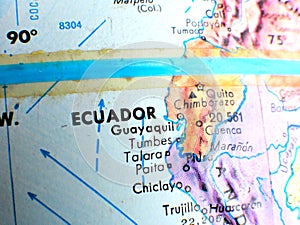 Ecuador equator focus macro shot on globe map for travel blogs, social media, website banners and backgrounds.