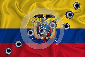 Ecuador flag Close-up shot on waving background texture with bullet holes. The concept of design solutions. 3d rendering