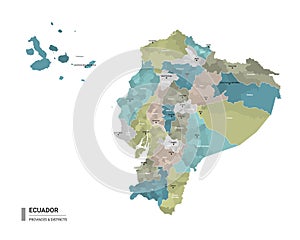 Ecuador higt detailed map with subdivisions. Administrative map of Ecuador with districts and cities name, colored by states and photo