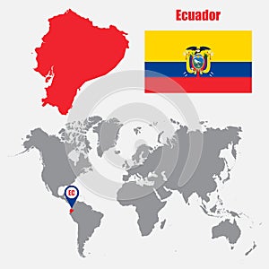 Ecuador map on a world map with flag and map pointer. Vector illustration