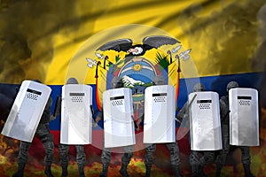 Ecuador protest fighting concept, police guards protecting state against revolt - military 3D Illustration on flag background