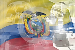 Ecuador science development conceptual background - microscope on flag. Research in healthcare or pharmacy, 3D illustration of