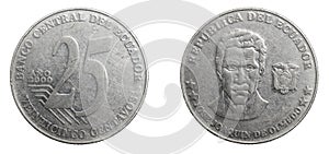 Ecuador twenty five centavos coin on a white isolated background