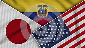 Ecuador United States of America Japan Flags Together Fabric Texture Illustration