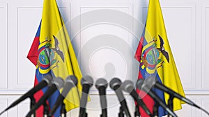 Ecuadorian official press conference. Flags of Ecuador and microphones. Conceptual 3D animation