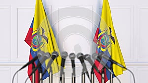 Ecuadorian official press conference. Flags of Ecuador and microphones. Conceptual 3D rendering