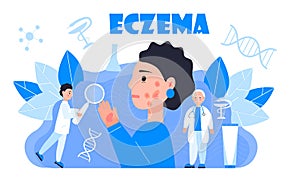 Eczema, psoriasis concept vector. Sad cute girl on the blue background. Tine dermatologists treat eczema of patient