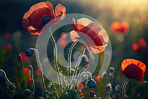ed poppy flower in countryside field. Summer landscape with wildflower bud at sunny day. Vintage garden wallpaper art