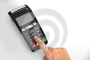 EDC ( electronic Data Capture) machine hand pressing password on