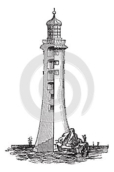 Eddystone Lighthouse, in England, United Kingdom, vintage engraved illustration