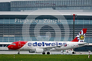 Edelweiss Air planes taxiing in Zurich Airport, ZRH