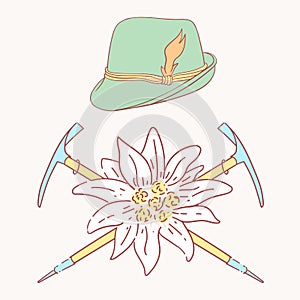 Edelweiss tyrolean hat alpenstock flower symbol alpinism alps germany logo photo