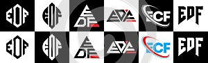 EDF letter logo design in six style. EDF polygon, circle, triangle, hexagon, flat and simple style with black and white color photo