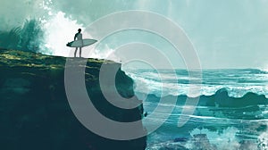 At the edge of a cliff, a lone figure stands poised with a surfboard in hand, gazing out at the roaring ocean below, AI generated