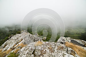 At the edge of a cliff in the mountains