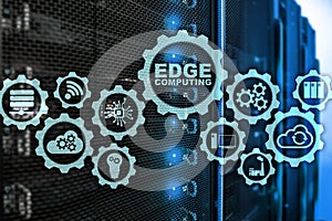 EDGE COMPUTING on modern server room background. Information technology and business concept for resource intensive