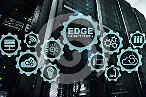 EDGE COMPUTING on modern server room background. Information technology and business concept for resource intensive