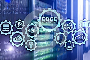 EDGE COMPUTING on modern server room background. Information technology and business concept for resource intensive distributed