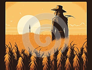 At the edge of a cornfield a scarecrow stands watch over the growing crops the morning sun just starting to peek