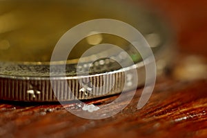 Edge Euro Coin Macro Isolated On Black Background. Detail of metallic money close up. EU money