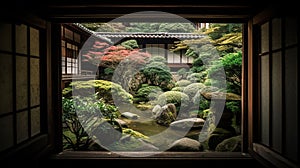 The edge and the garden seen from the Japanese room. Generative Ai