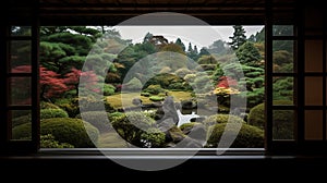 The edge and the garden seen from the Japanese room. Generative Ai