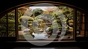 The edge and the garden seen from the Japanese room. Generative Ai